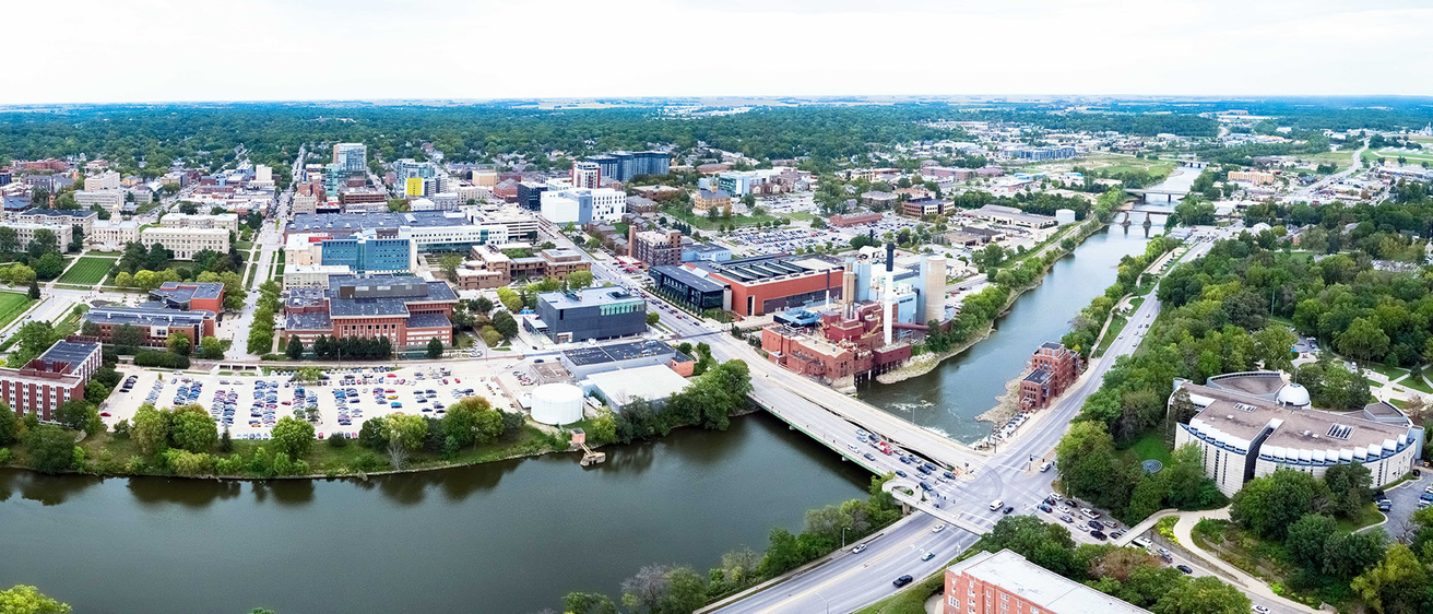 drone view of campus and iowa river